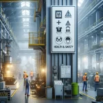 DALL·E 2024-02-21 00.52.14 - A detailed scene inside a manufacturing plant showing a large, prominently displayed health and safety sign. The environment should be bustling with a